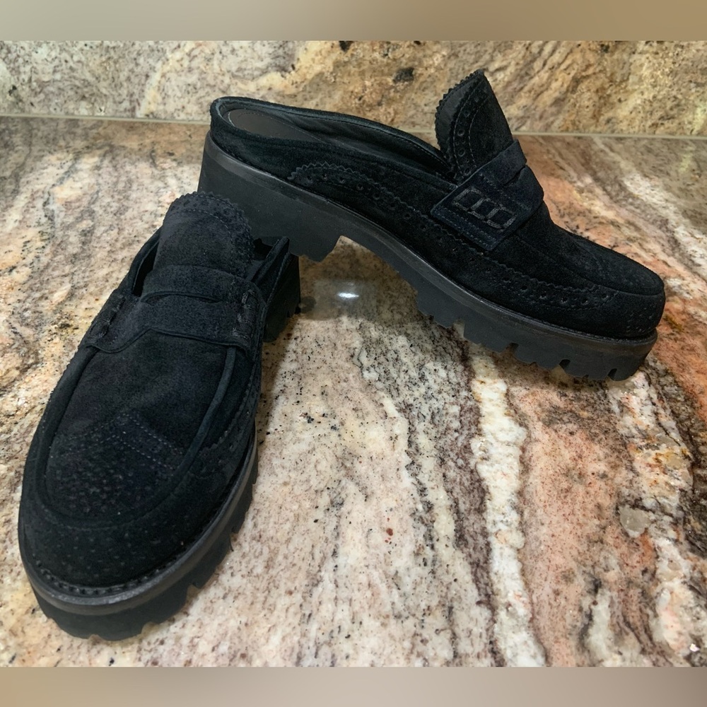 The Office of Angela Scott Miss Emma Platform Black Suede Wingtip Mules